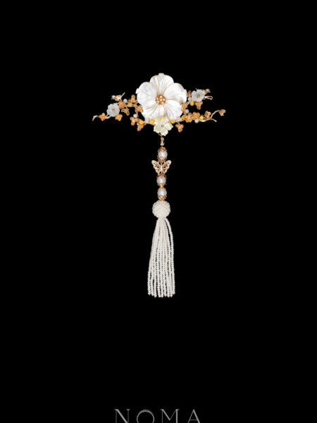 Bird on Petite Branch Flower Brooch - Gold, White