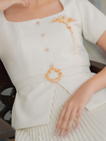 Bird on Petite Branch Rectangle Brooch - Gold, White