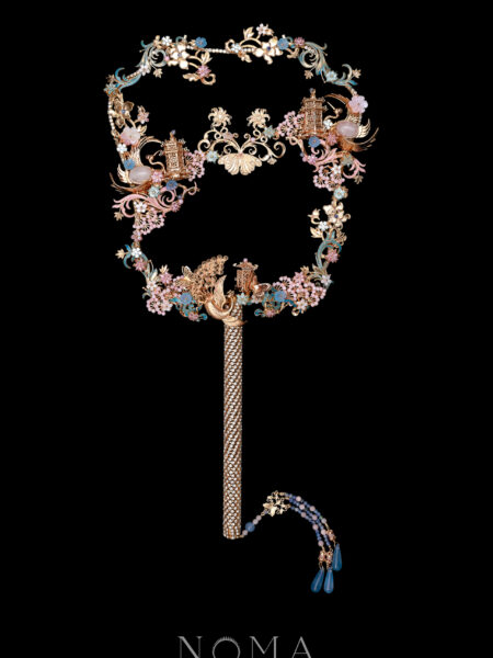 Harmonious Peacock Crane Pagoda Ornament Fan - Gold, Pink