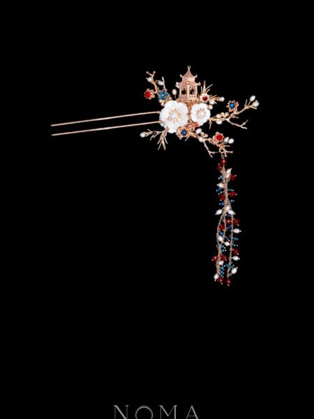 3D Pagoda Flower Garden Hairpin - Gold, Sapphire (Left)