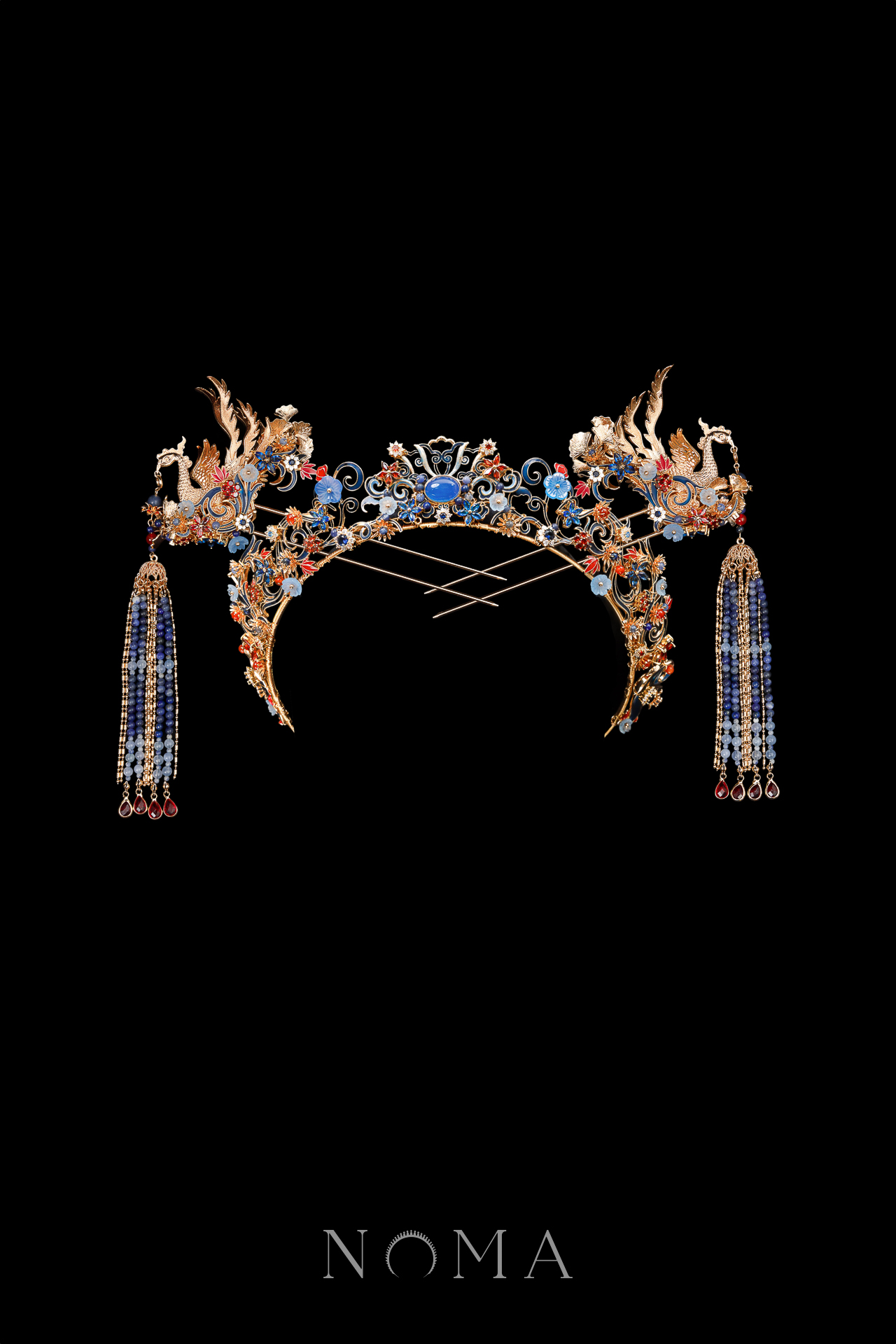 Colorful Phoenix Curvy Ornament Crown Set - Gold, Sapphire (3 pcs)