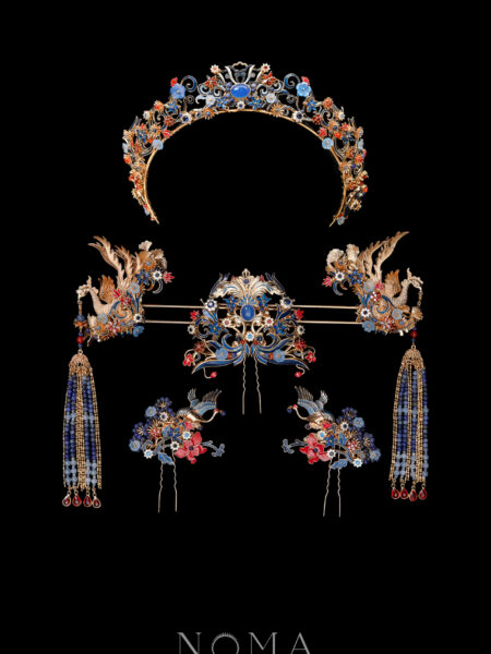Colorful Phoenix Crane Ornament Full Set - Gold, Sapphire (6 pcs)