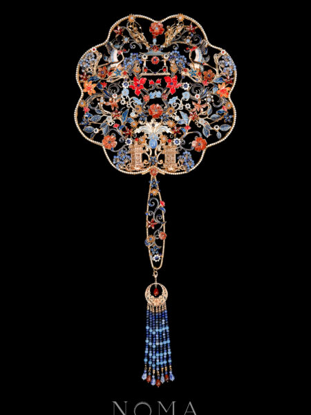 Colorful Crane Lotus Ornament Fan - Gold, Sapphire