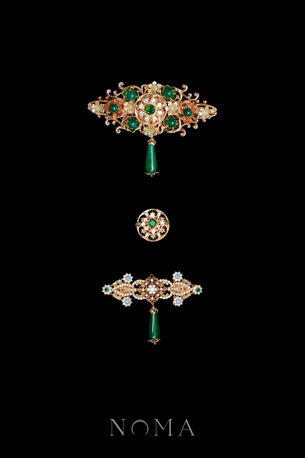 Nuence Decorated Ornament Button & Brooch Set - Gold, Jade (19 pcs)