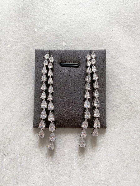 Double Fringe Pear Earrings - Rhodium White Gold