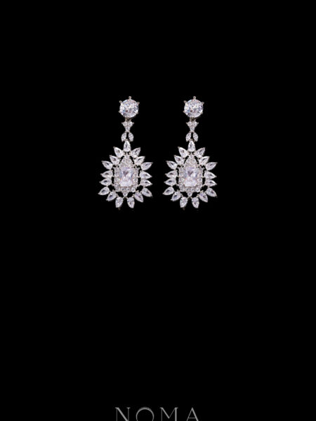 Vintage Marquise Cushion Drop Earrings - Rhodium White Gold, White Diamond