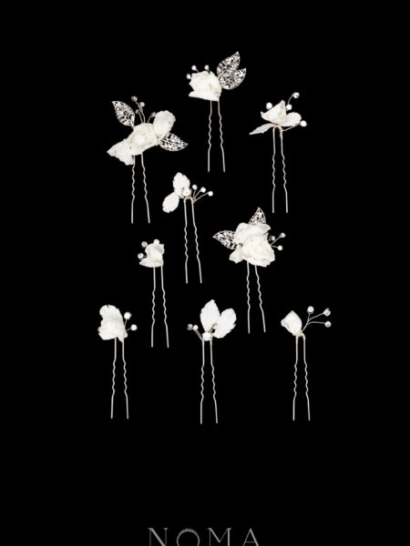CC Peony Paved Leaf Hairpin Set - White Gold, White (9 pcs)