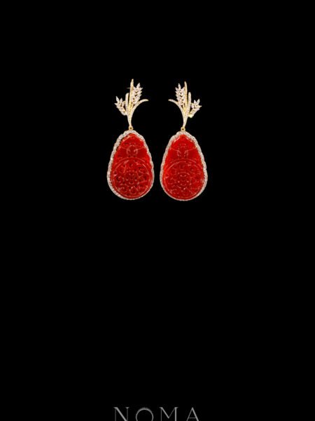 Superior Oryza Carved Rounded Teardrop Small Jade Earrings - 18k Yellow Gold, Red Jade
