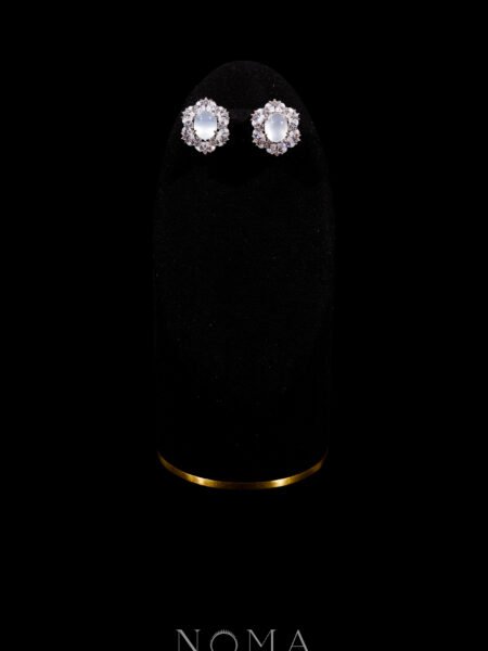 Oval Jade Pear Deco Earrings - Rhodium White Gold, White Jade
