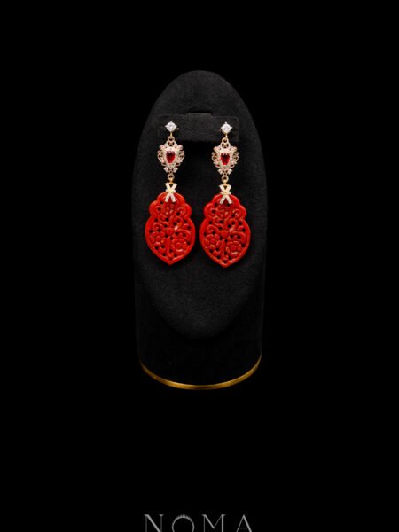 Carved Unique Gourd Jade Earrings - 18k Yellow Gold, Red Jade