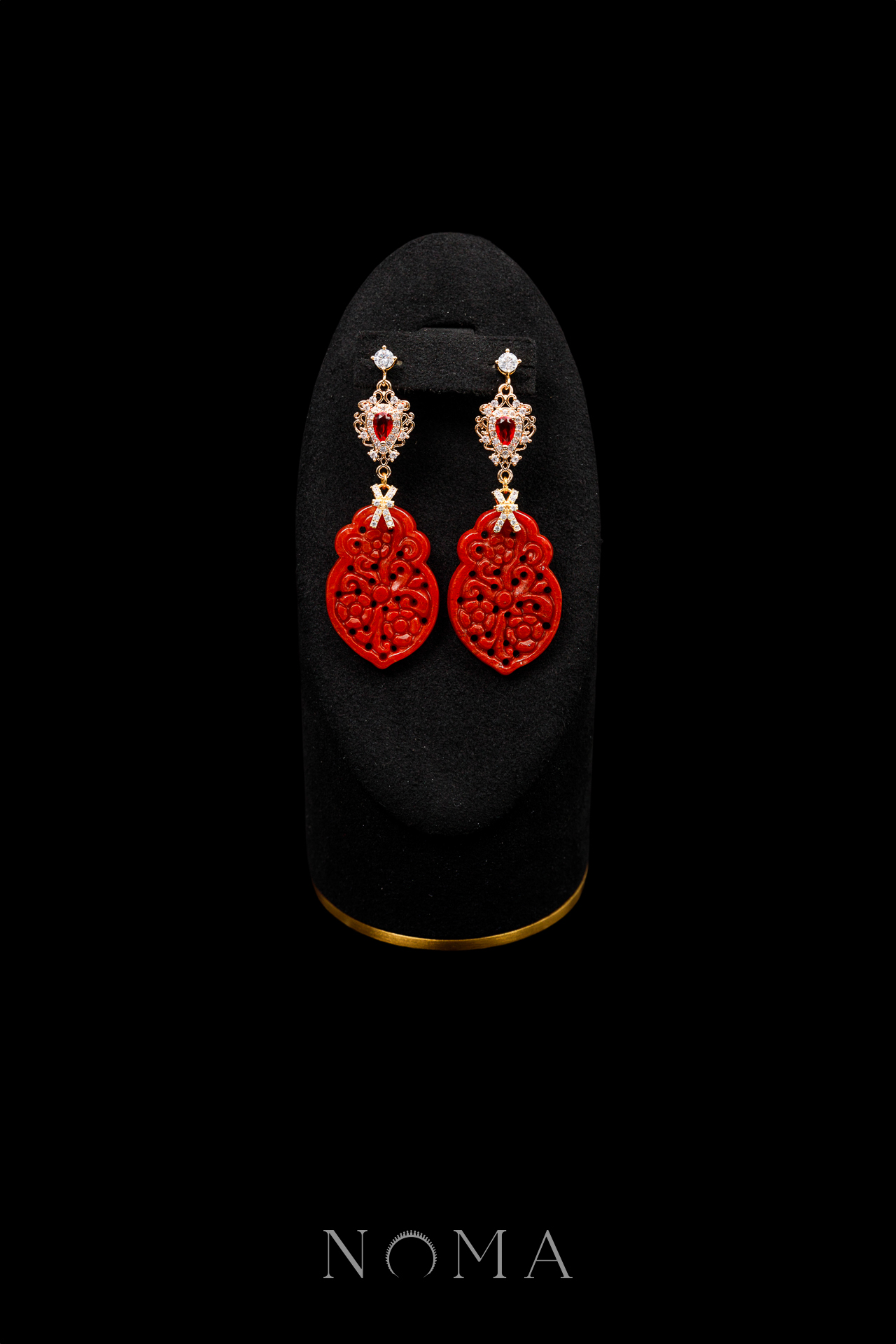 Carved Unique Gourd Jade Earrings - 18k Yellow Gold, Red Jade
