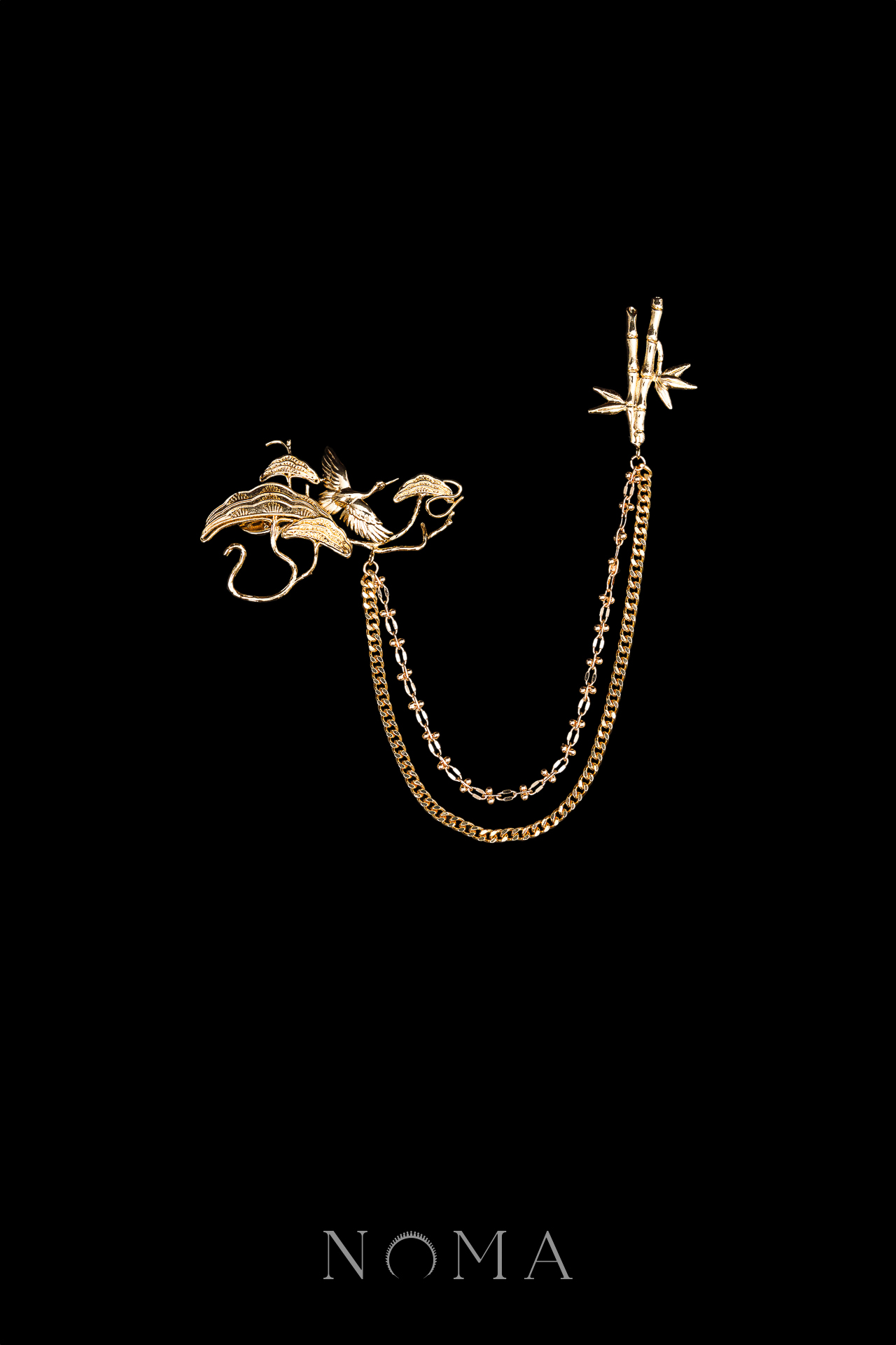 Crane Ginkgo Bamboo Chain Pin - 18k Yellow Gold