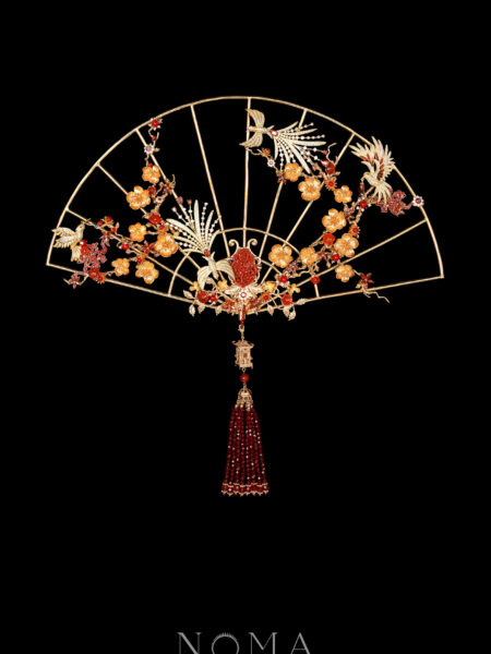 Beautiful Bird Branch Gems Fan - Gold, Ruby