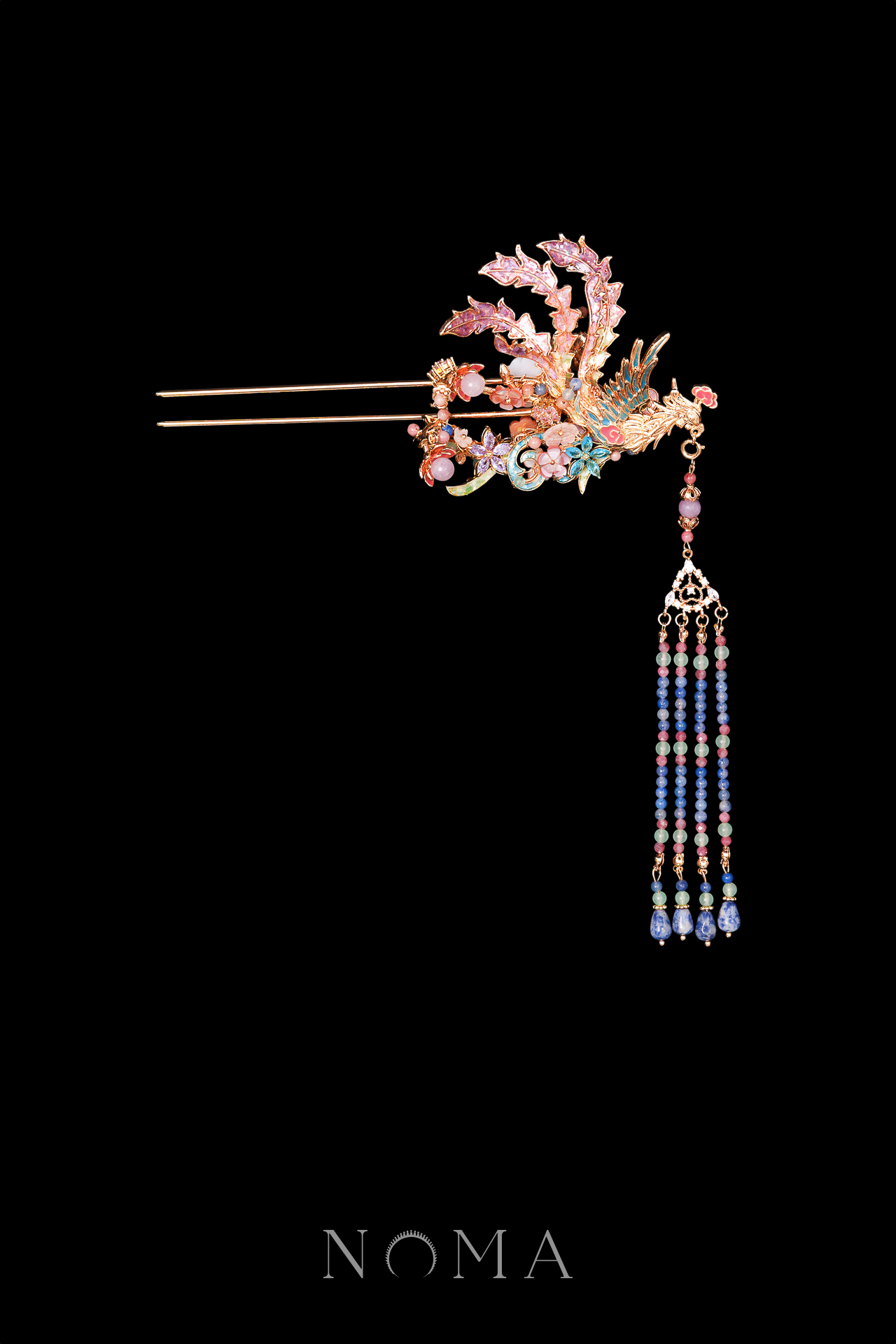 Colorful Mosaic Fantasy Phoenix Hairpin - Gold, Rainbow (Left)