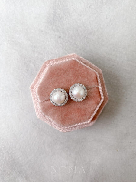 Pearl S Halo Detachable Earrings Set - Rhodium White Gold, White Pearl (4 pcs)