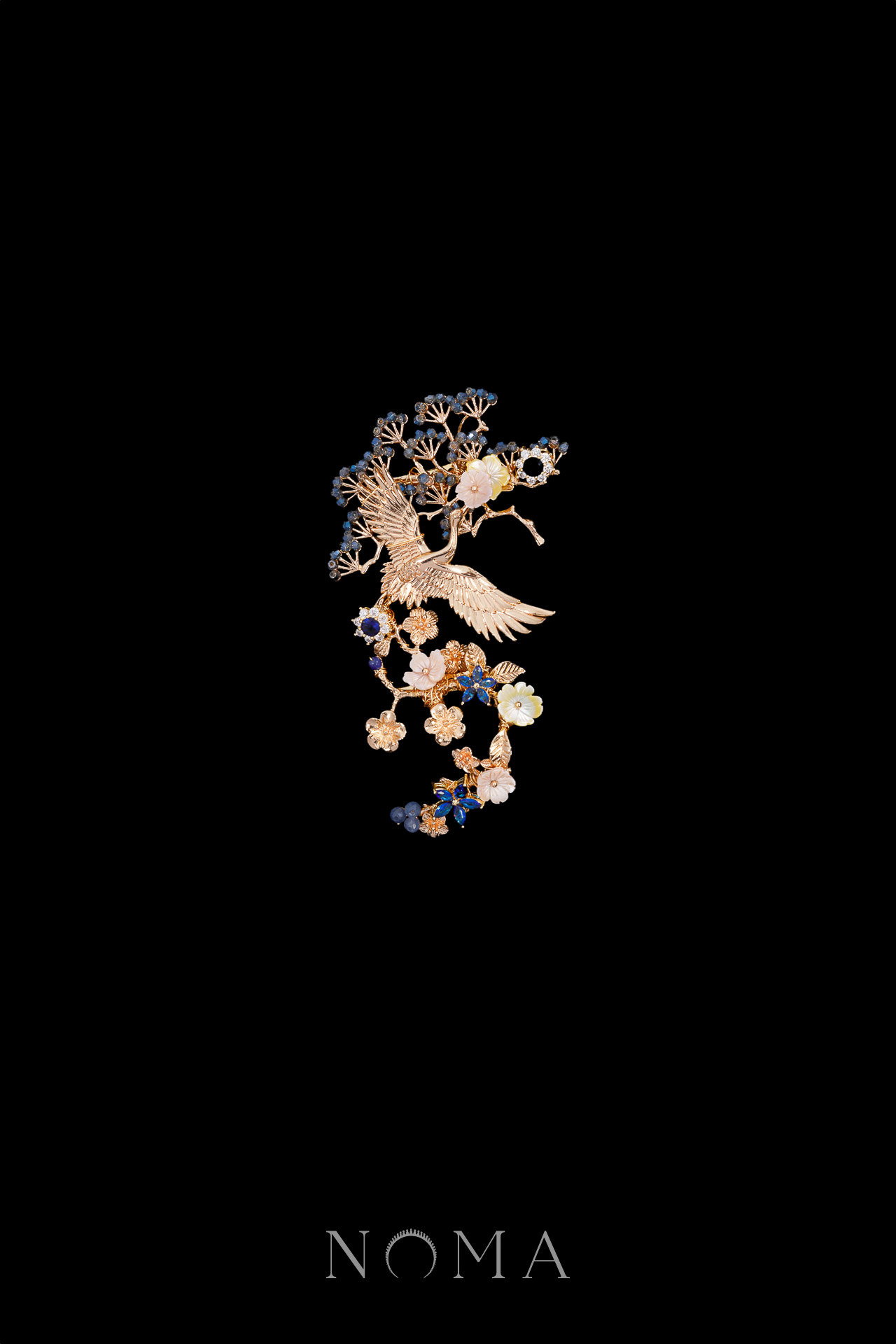 Crane Willow Blossom Side Hairvine or Brooch - Gold, Sapphire