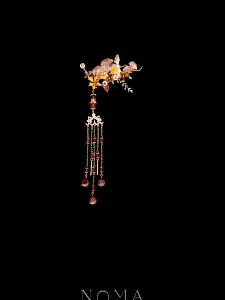 Colorful Crane Floral Artistry Side Hairvine or Brooch - Gold, Ruby (Left)