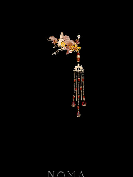 Colorful Crane Floral Artistry Side Hairvine or Brooch - Gold, Ruby (Right)