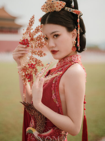 Fire Phoenix Floral Fan - Gold, Ruby