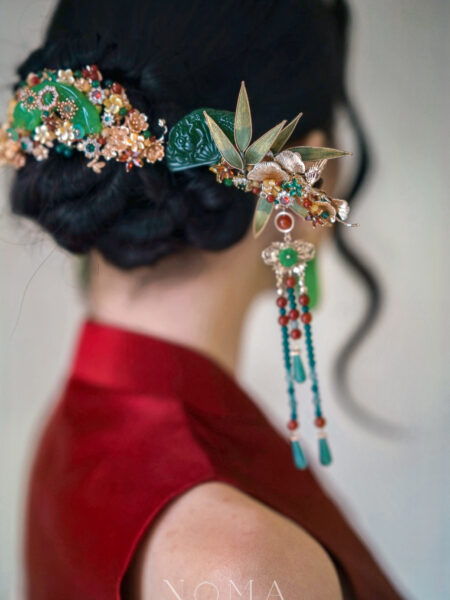 CS Lunar Bold Fan-Shaped Bamboo Hairpin - Gold, Jade