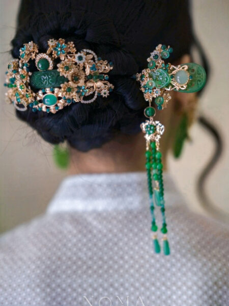 Lunar Deco Curved Carved Jade Set - Gold, Jade (2 pcs)