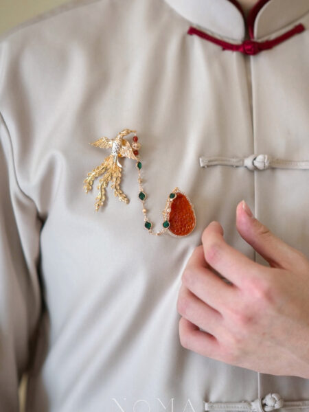 Lunar Heritage Phoenix Jade Chain Brooch - 18k Yellow Gold, Red Jade