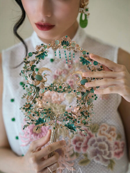 Colorful Crane Blossom Lotus Fan - Gold, Emerald