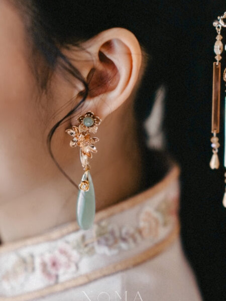 Lunar Golden Floral Elongated Pear Jade Earrings - Gold, Light Jade