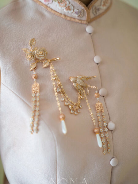 Lunar Golden Rose Swallow Chain Brooch - 18k Yellow Gold